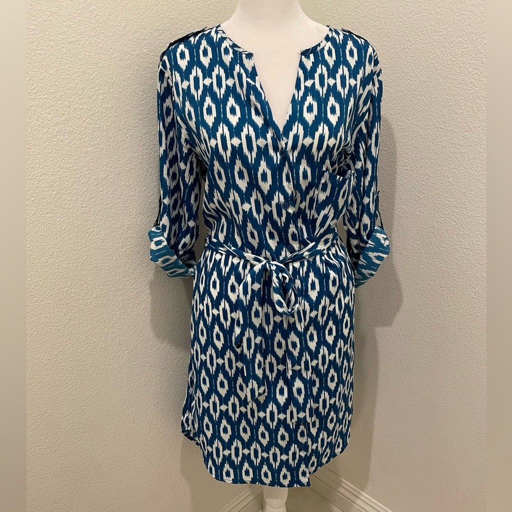 Maeve Teal and White Ikat Print Tie-Waist Dress